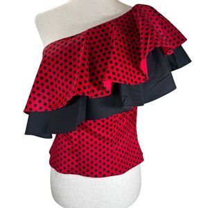 Milly Asymmetrical Polka Dot Off-Shoulder Ruffle Blouse Red & Black Size S